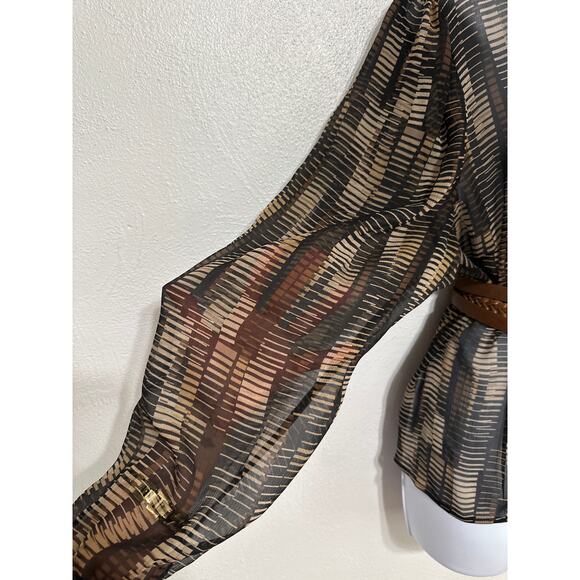 VTG Valerie Stevens Sheer Silk Geo Print Blouse XL Brown Black Fall Trend City - Picture 3 of 16